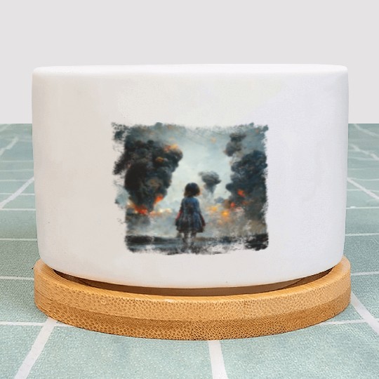 Kid in war looking at explosion AI painting Plant Pots