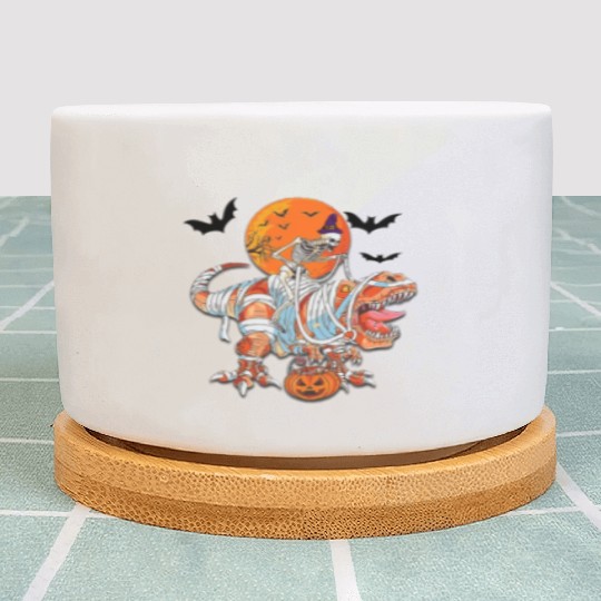 Skeleton Riding Mummy Dinosaurs T Rex Halloween Plant Pots