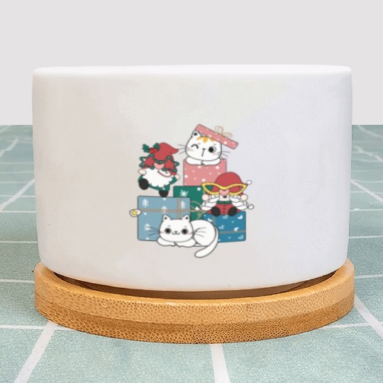 cute gnome and kitty cats on present gift box Plant Pots