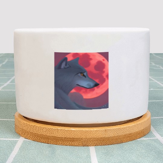 A Grey Wolf Staring at a Blood Moon Plant Pots