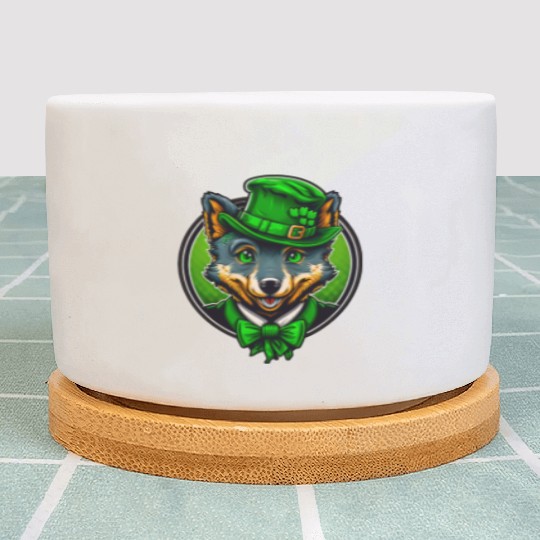 Cute Wolf St. Patrick's Day Hat With Green Eyes Plant Pots