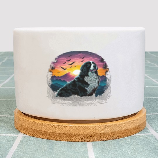 Bernese Mountain Dog with Mountain Sunrise view Plant Pots