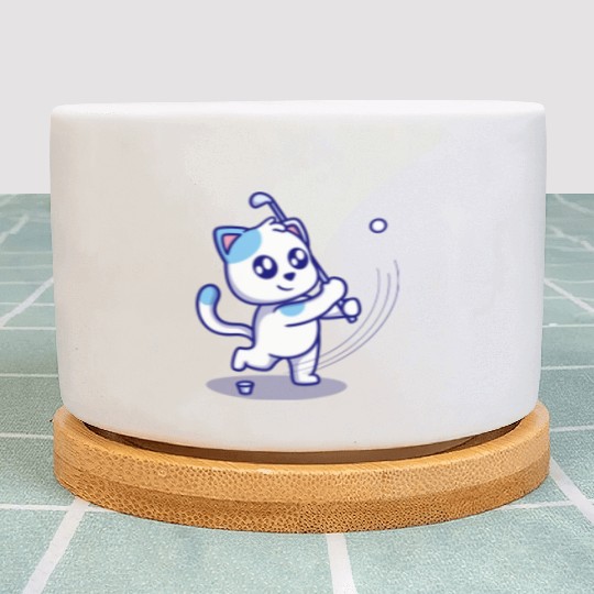 Cute cat playing golf cartoon icon illustration Plant Pots
