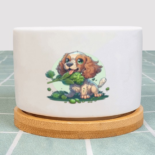 Cute dog eats green broccoli vegetables Plant Pots