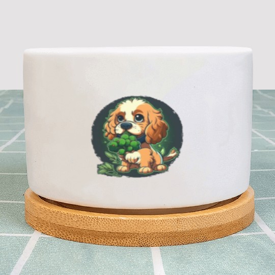 Cute dog eats green broccoli vegetables Plant Pots