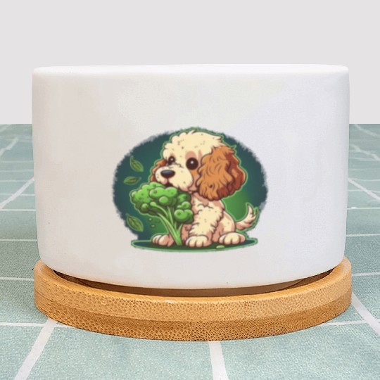 Cute dog eats green broccoli vegetables Plant Pots