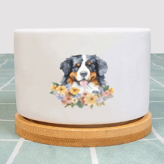 Bernese Mountain Dog Watercolor Floral Plant Pots