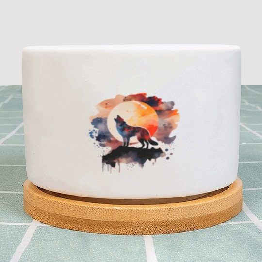Wolf Howling at Moon Watercolor Plant Pots
