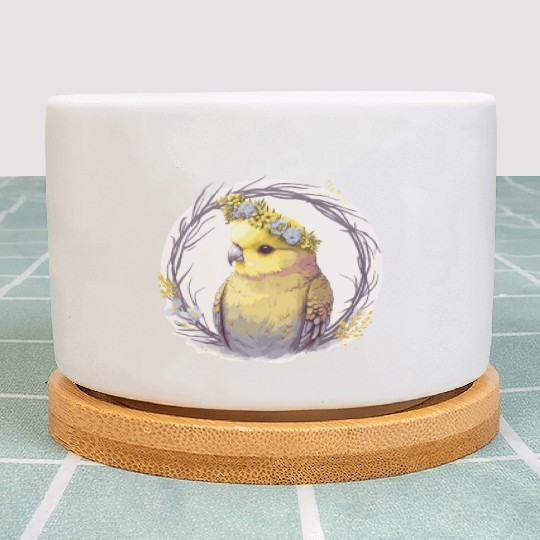 Cute Yellow Budgie Parakeet Bird Flower Crown Pet Plant Pots
