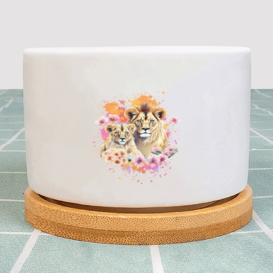 Lion Mom & Son Cubs with Flower Watercolor Plant Pots
