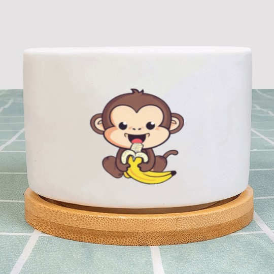 cute monkey eats a banana Plant Pots