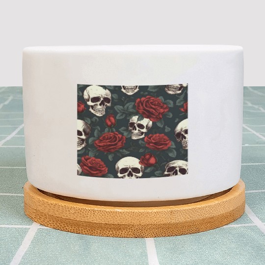 Dark Elegant Gothic Pattern Skulls & Red Roses Plant Pots
