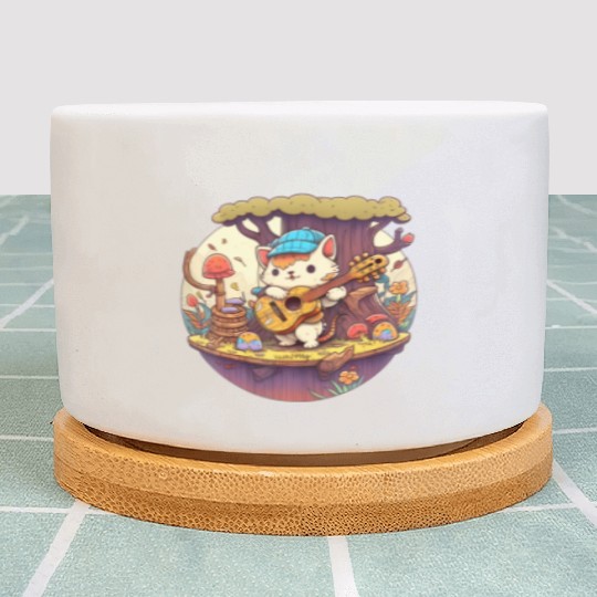 Cute Kawaii Cat Playing Guitar Banjo On Log Plant Pots