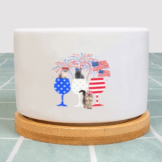 Cat 4Th Of July Red White Blue Wine Plant Pots