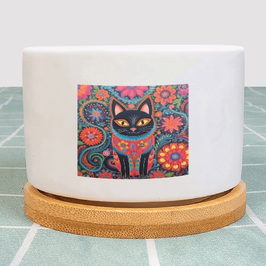 Folk Art Cat Floral Plant Pots