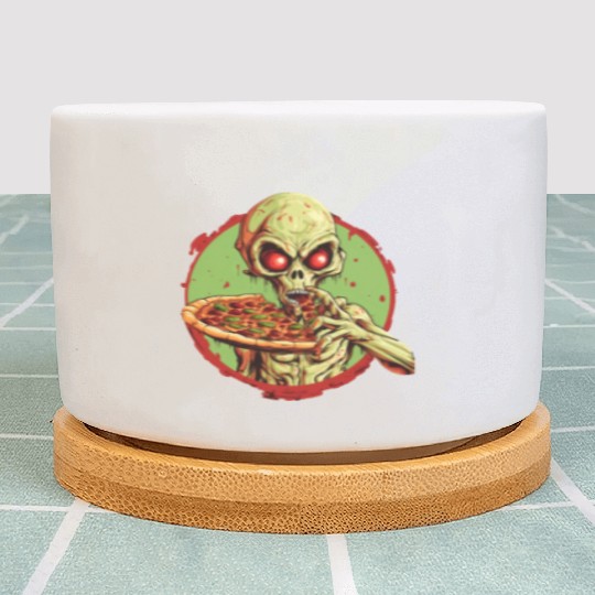 Green Alien with Pizza: Halloween Fast-Food Fun Plant Pots