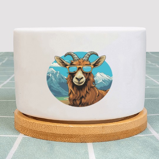A goat with sunglasses in the mountains Plant Pots