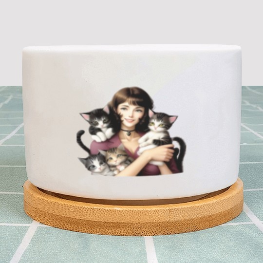 Pretty Cat Lady with Cute Kittens Plant Pots