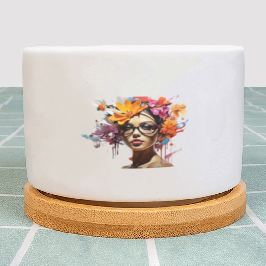 Beautiful girl flower on head. Plant Pots
