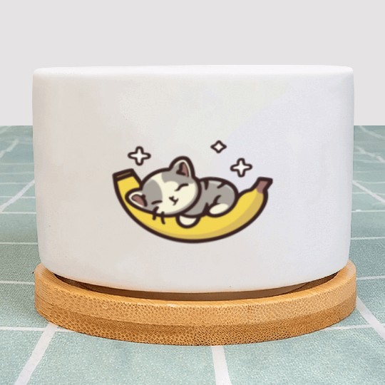 Kitten Sleeping On A Banana Plant Pots