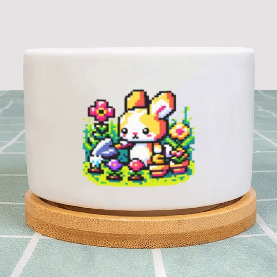 8-Bit Bunny Gardener: Retro Digital Garden Scene Plant Pots