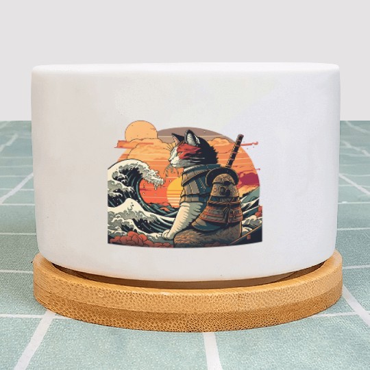 Samurai Cat vs The Great Wave Plant Pots