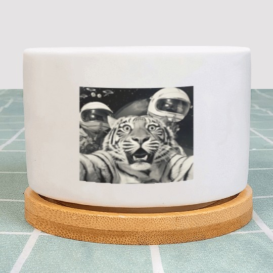Funny Graphic Plant Pots Tiger Selfie with Alien UFOs