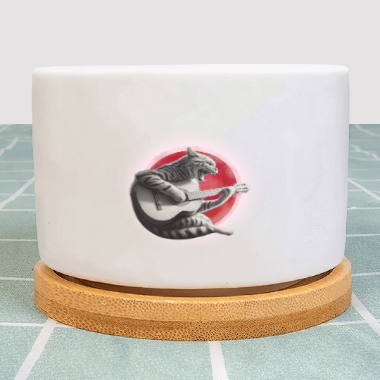 Rock Cat Playing Guitar Plant Pots under the red moon