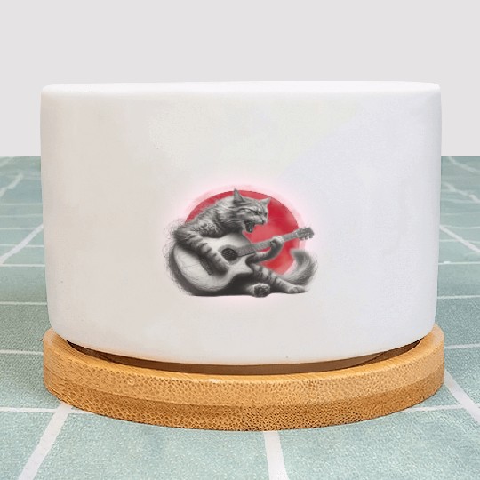 Rock Cat Playing Guitar Plant Pots under the red moon