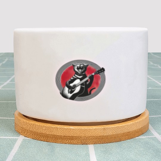 Rock Cat Playing Guitar Plant Pots under the red moon