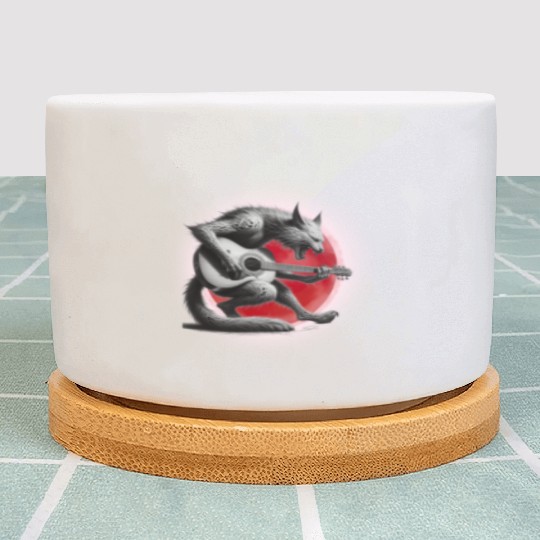 Rock Cat Playing Guitar Plant Pots under the red moon