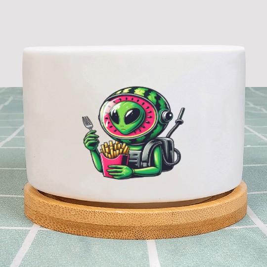 Alien with watermelon helmet eats fries Plant Pots