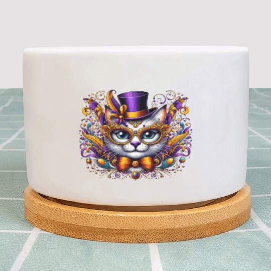 Mardi Gras cat with hat and glasses Plant Pots
