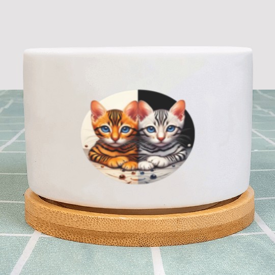 Bengal Kittens Black White Background Plant Pots
