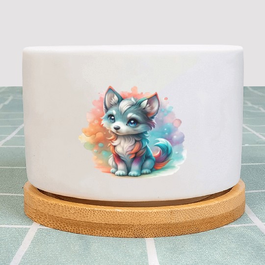 Cute Chibi Grey Wolf For Wolf Lovers Plant Pots