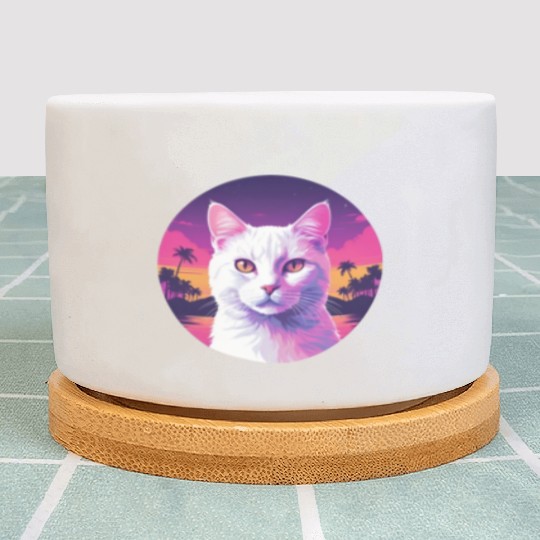 Synthwave White Cat 2 Plant Pots