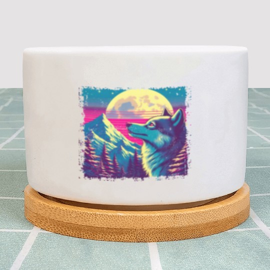 Retro Wolf Gazing at the Moon Plant Pots