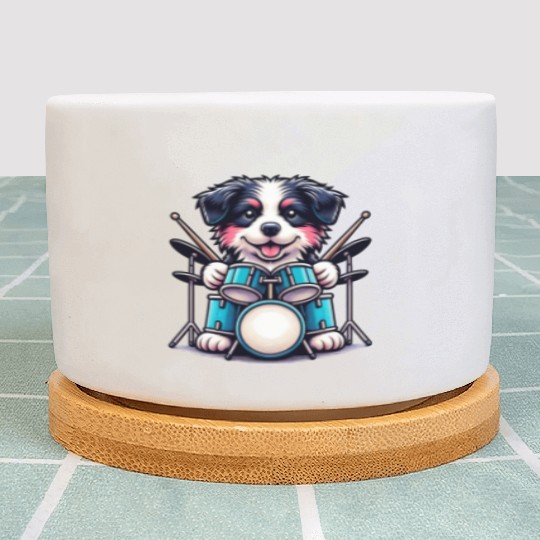 Cool Border Collie Drummer Puppy Design Plant Pots