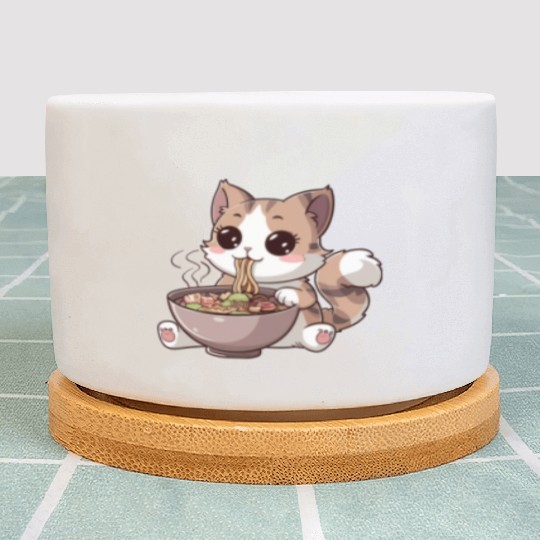 Kawaii Cat Eating Ramen Plant Pots