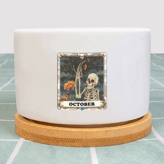October Gothic Tarot Card - Marigold Flower & Skel Plant Pots
