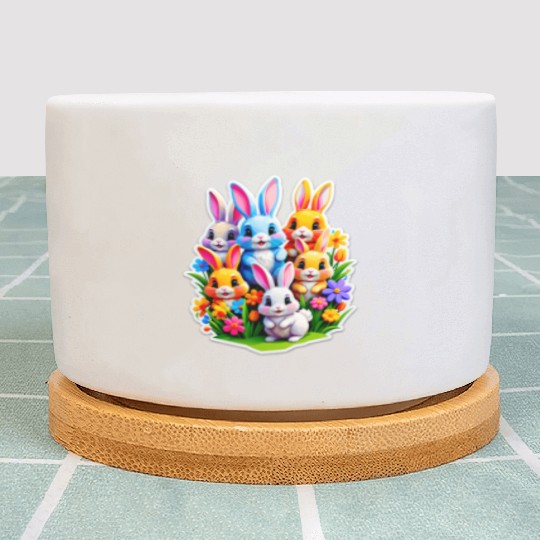 Colorful Spring Celebration with Cute Bunnies Plant Pots