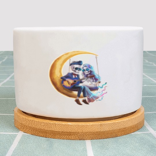 Skeleton Playing Guitar with Girlfriend on Moon Plant Pots