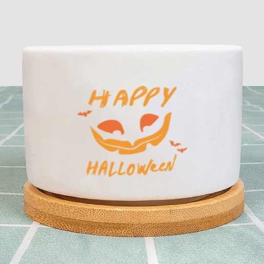 "Happy Halloween" Orange Design on Black Plant Pots