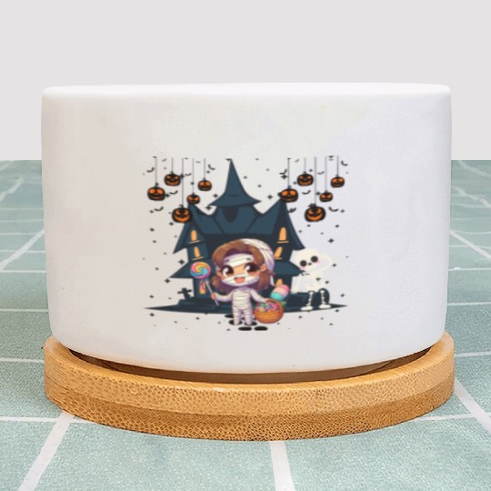 Friendly mummy and skeleton illustration Plant Pots