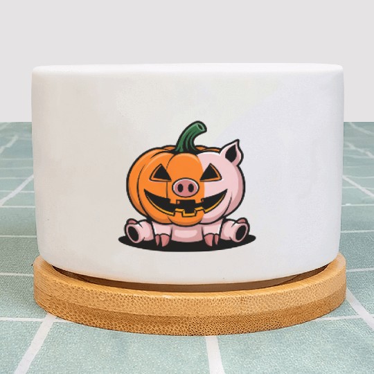 Halloween pig pumpkin comic funny whimsical Plant Pots
