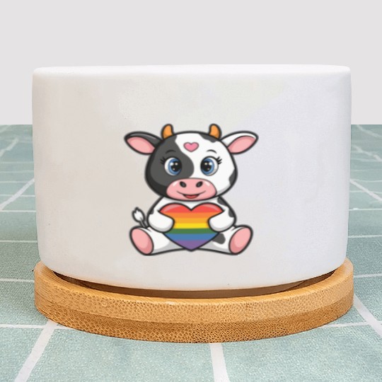 LGTBQ Cow Holding Rainbow Heart Plant Pots