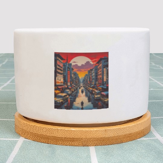 Twilight Reflections in Neon City Plant Pots