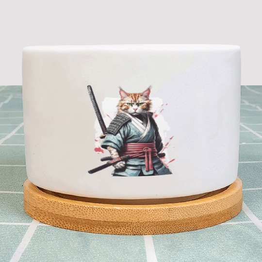 Fearless Samurai Cat Plant Pots