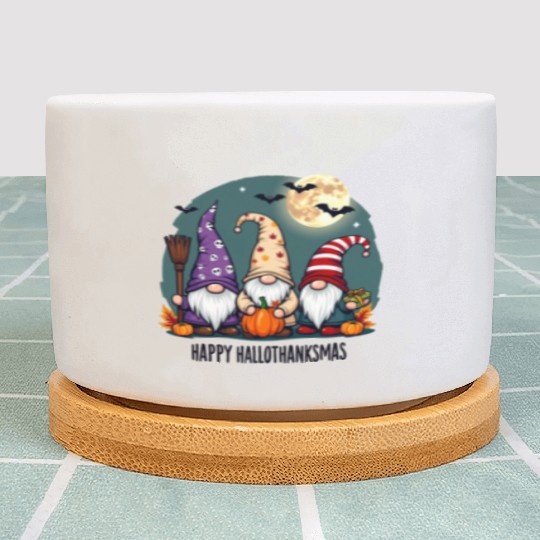 Happy Hallothanksmas Gnomes Celebration with Bats Plant Pots