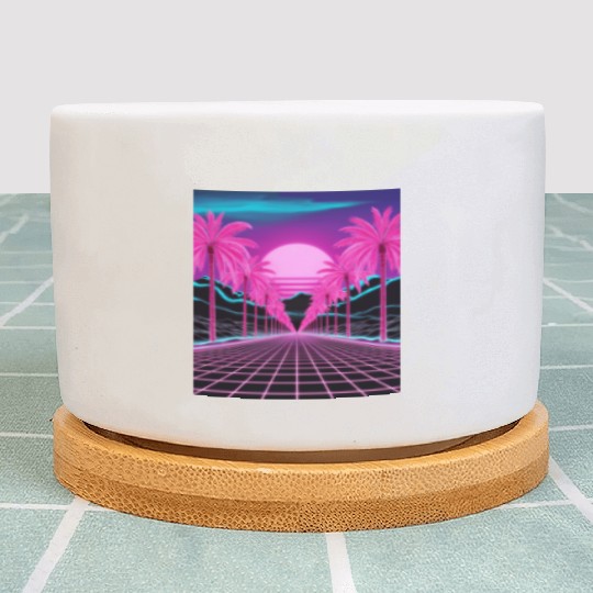 Neon Dreamscape: Retro-Futuristic Synthwave Sunset Plant Pots